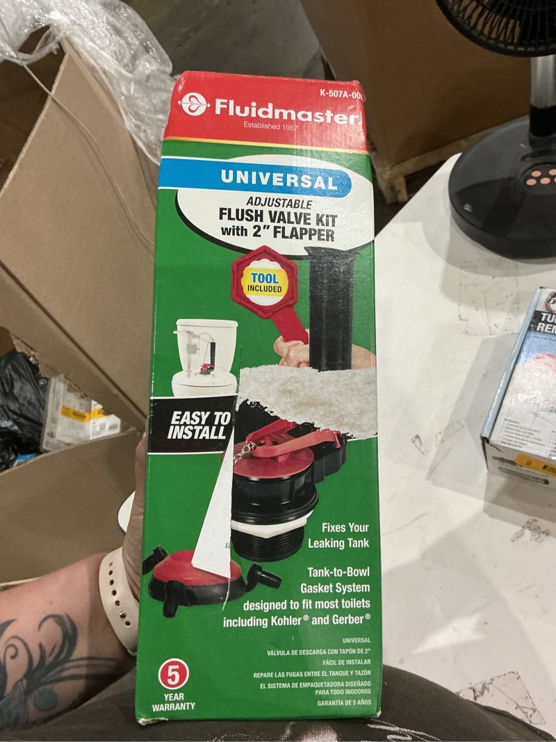 Condition photo showing As Is for universal 2 in. adjustable toilet flush valve repair kit