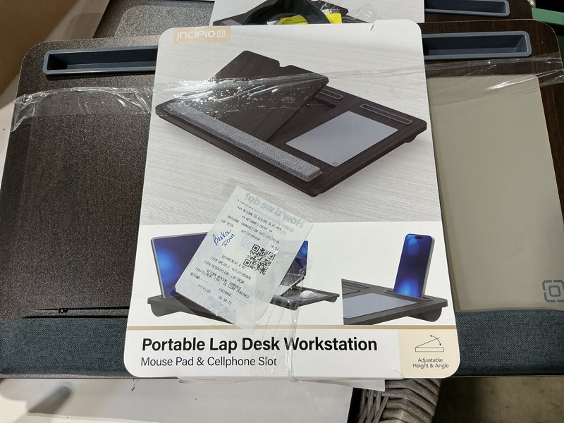 Condition photo showing As Is for incipio portable lap desk workstation with cushion base & carry handle, built-in mouse pad, tablet & phone holder slots, adjustable laptop stand for bed, couch & office use-gray