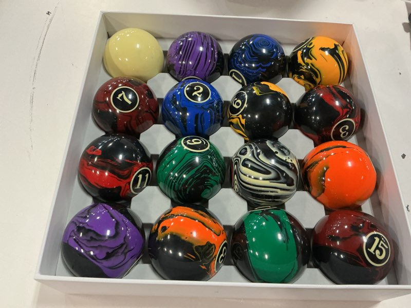 Condition photo showing New/Like New for premium billiard balls pool table accessories 2-1/4" regulation size 16 pool balls billiard set | premium, regulation size, pool balls, billiard set marble black