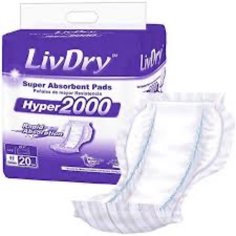 LivDry High Absorbency Pad Insert for Incontinence Briefs and Adult Diapers, Women and Men, Hyper 20