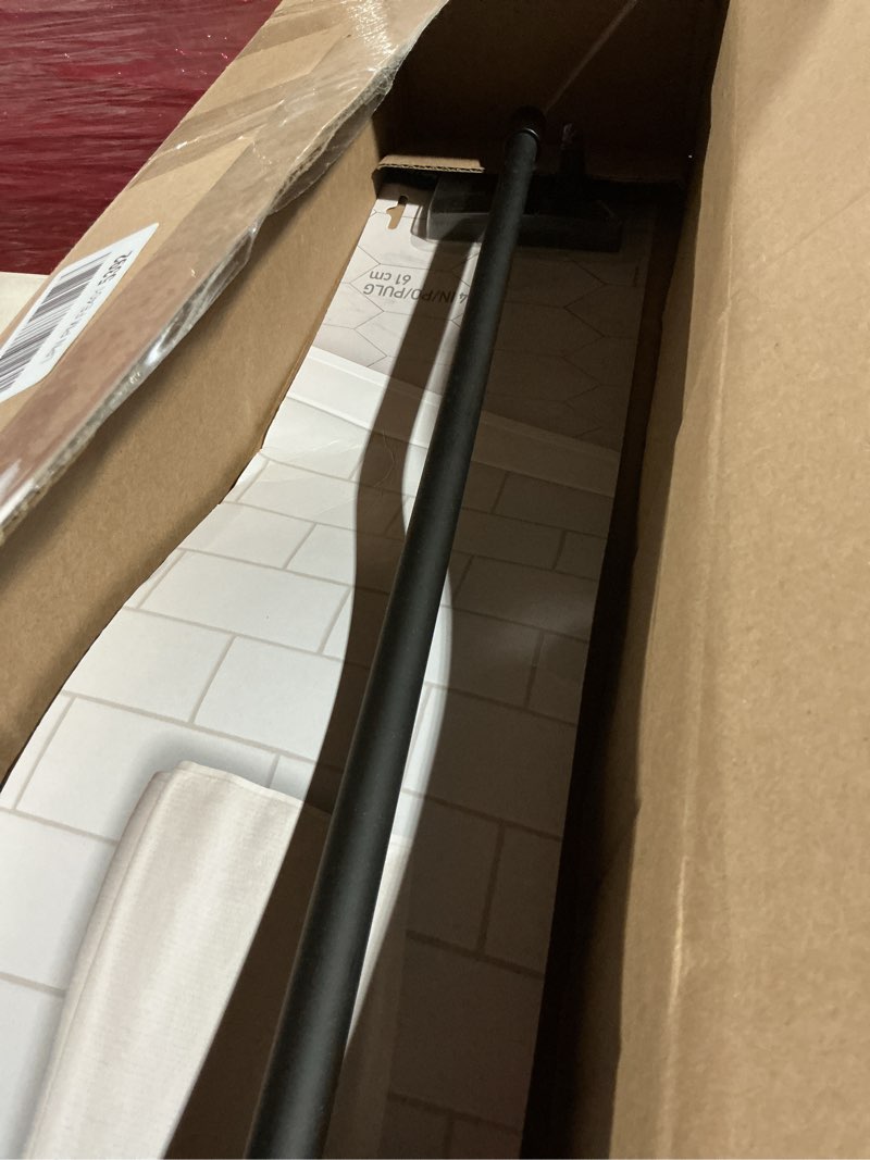 Condition photo showing As Is for Command Bath Matte Black Towel Bar with Water Resistant Command Strips, Bathroom Organizer, 24 in Bar Length Holds up to 10 lbs