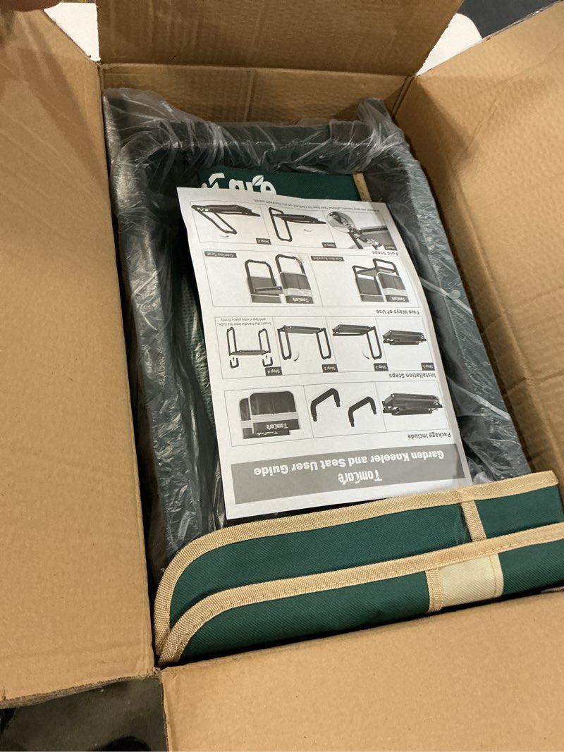 Condition photo showing Good Condition for tomcare garden kneeler and seat 11.14” wider larger soft kneeling pad garden bench with 2 large tools pouches heavy duty foldable garden stool gardening gifts for women men gardeners seniors, green green 11.14" ultra-wide kneeling pad