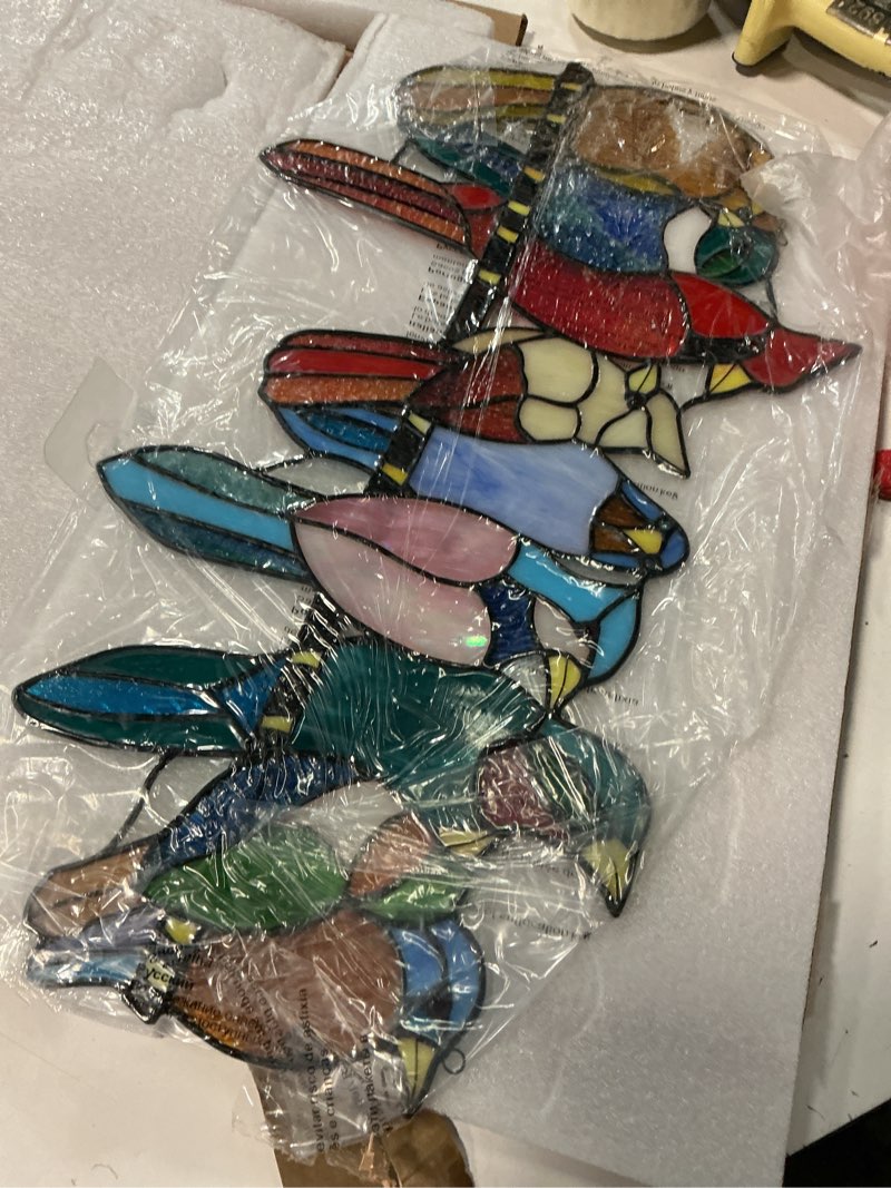 Condition photo showing Good Condition for Stained Glass Birds Window Hangings, 9 Multicolor Stained Glass Birds on Branch Suncatcher, Handmade Tiffany Style Bird Lovers Gifts Decor for Mother, Women. 9 Birds on Branch