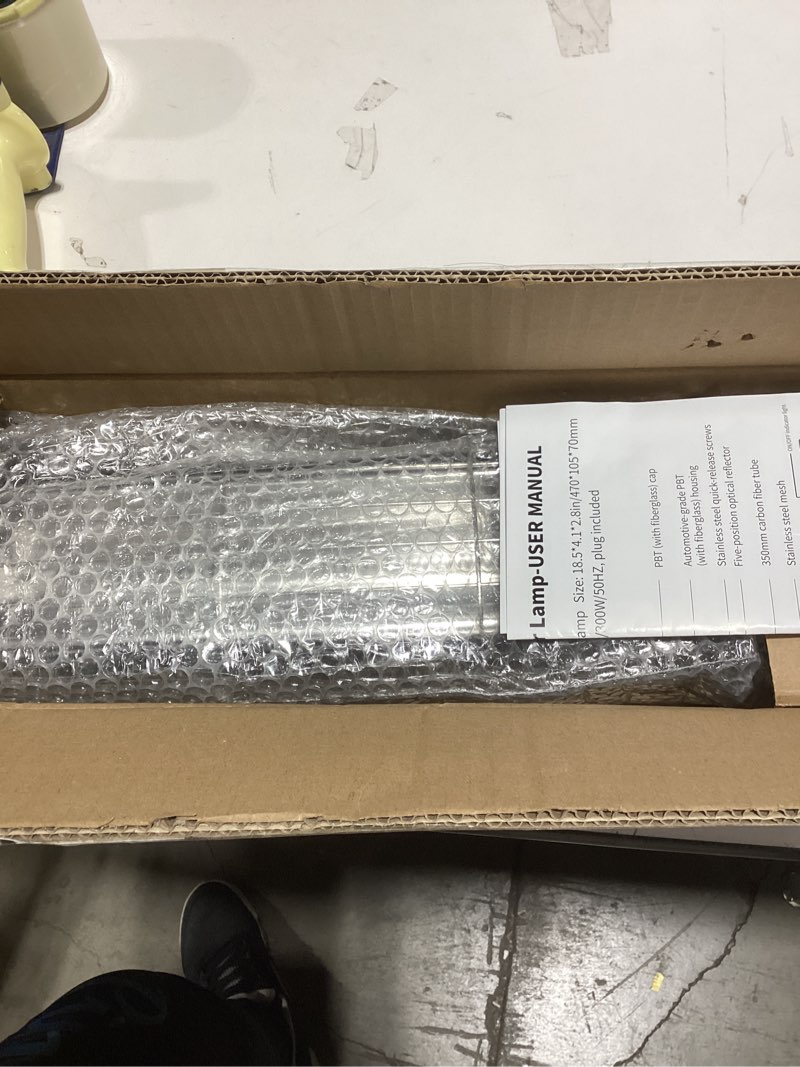 Condition photo showing New/Like New for 17.5 Inch Extra Long Heat Lamp for Chickens, 300W Carbon Fiber Chicken Coop Heater for Winter, Adjustable Temp & Height Chicken Heat Lamp for Poultry Dog Cat, No Installation & Long-Lasting 10000H