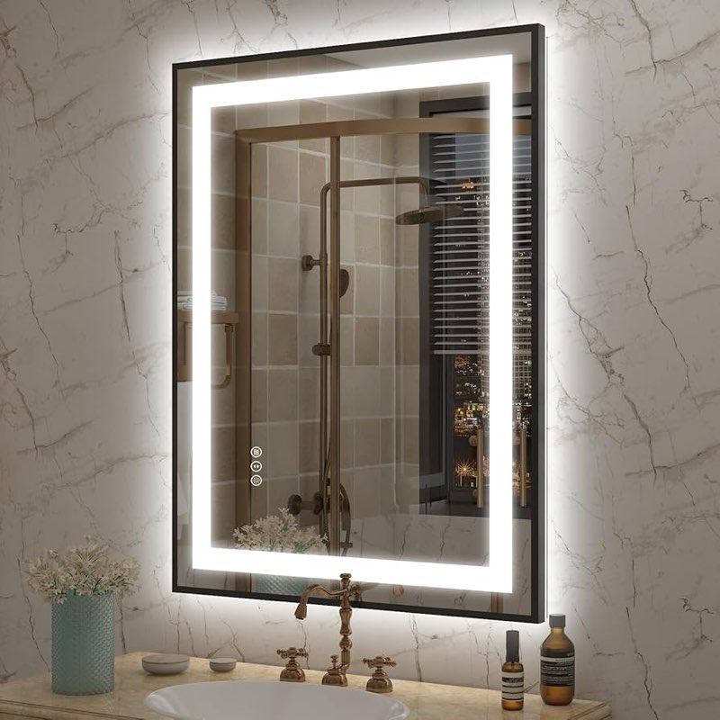 okpal 24x32 led bathroom mirror with black frame, lighted mirrors for bathroom wall, frontlit & back