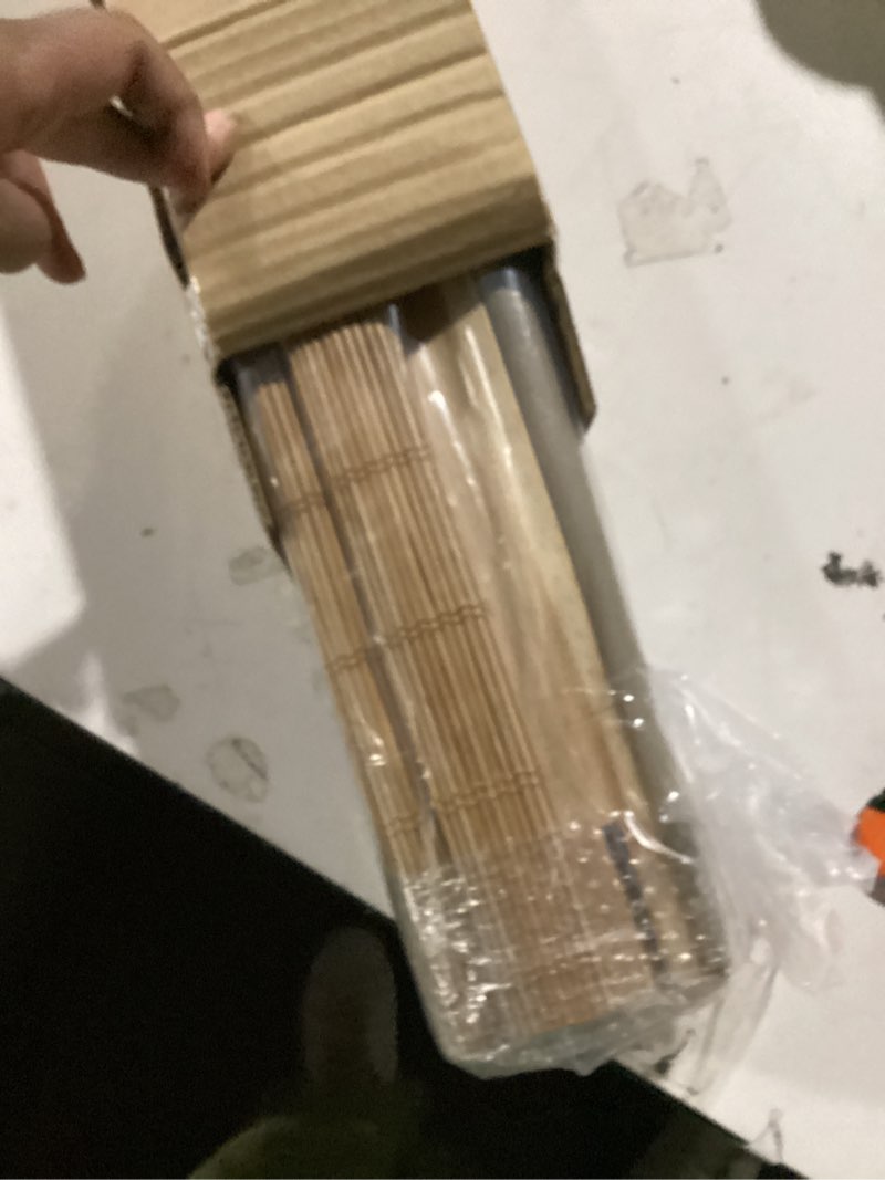 Condition photo showing As Is for cordless bamboo roman shades for windows, 100% blackout backing fabric for light blocking, 27" w × 64" h - papara carbon blackout - papara carbon 27" w × 64" h
