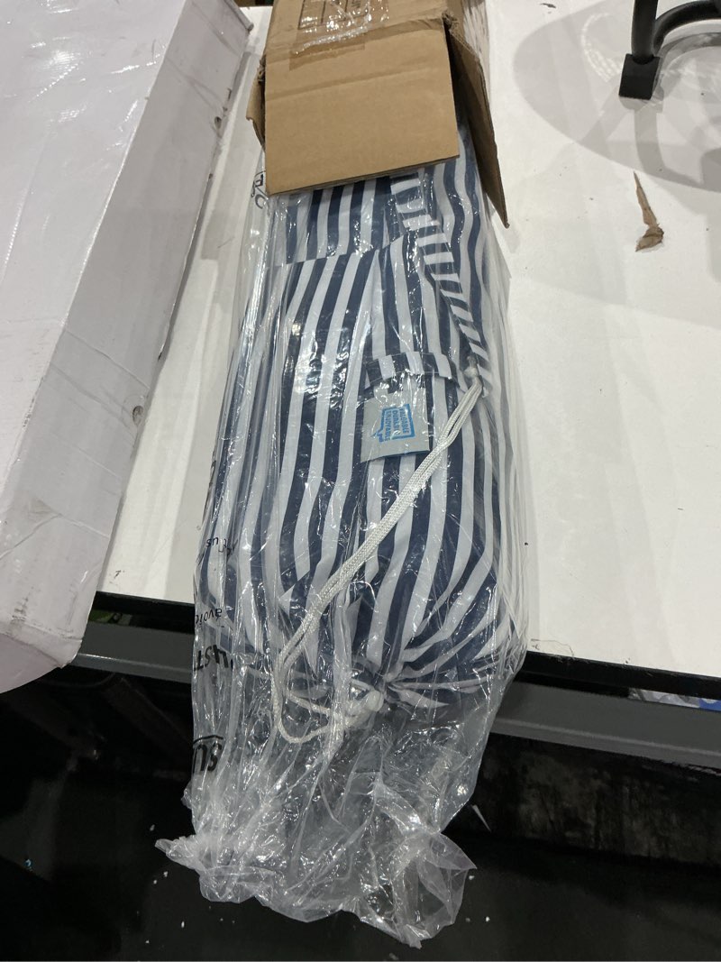 Condition photo showing Good Condition for phi villa 7ft patio umbrellas with fringe, outdoor tilt beach umbrella portable for sand, upf 50+ canopy with 8 high wind proof fiberglass ribs and carry bag,strip blue&white