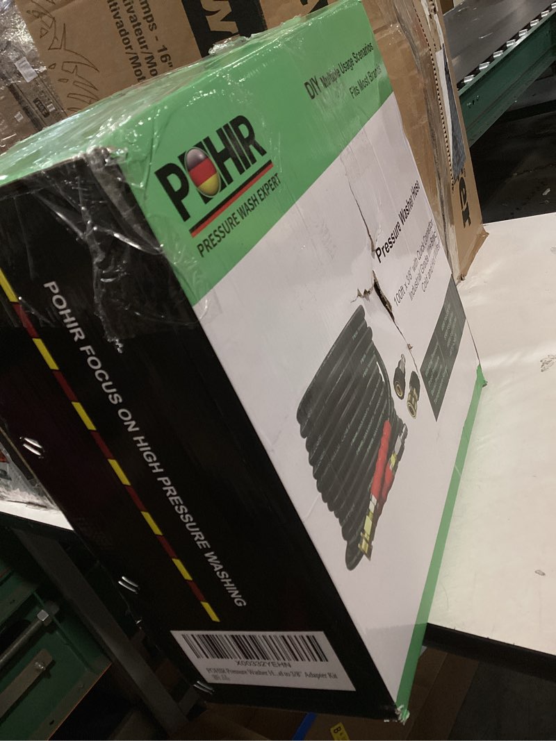 Condition photo showing Good Condition for pohir pressure washer hose 100 ft 3/8 inch for cold and hot water 248°f end 3/8'' quick connect, 4800psi kink resistant industrial grade steel wire braided, 2pcs m22-14mm swivel to 3/8'' adapter kit 100ft