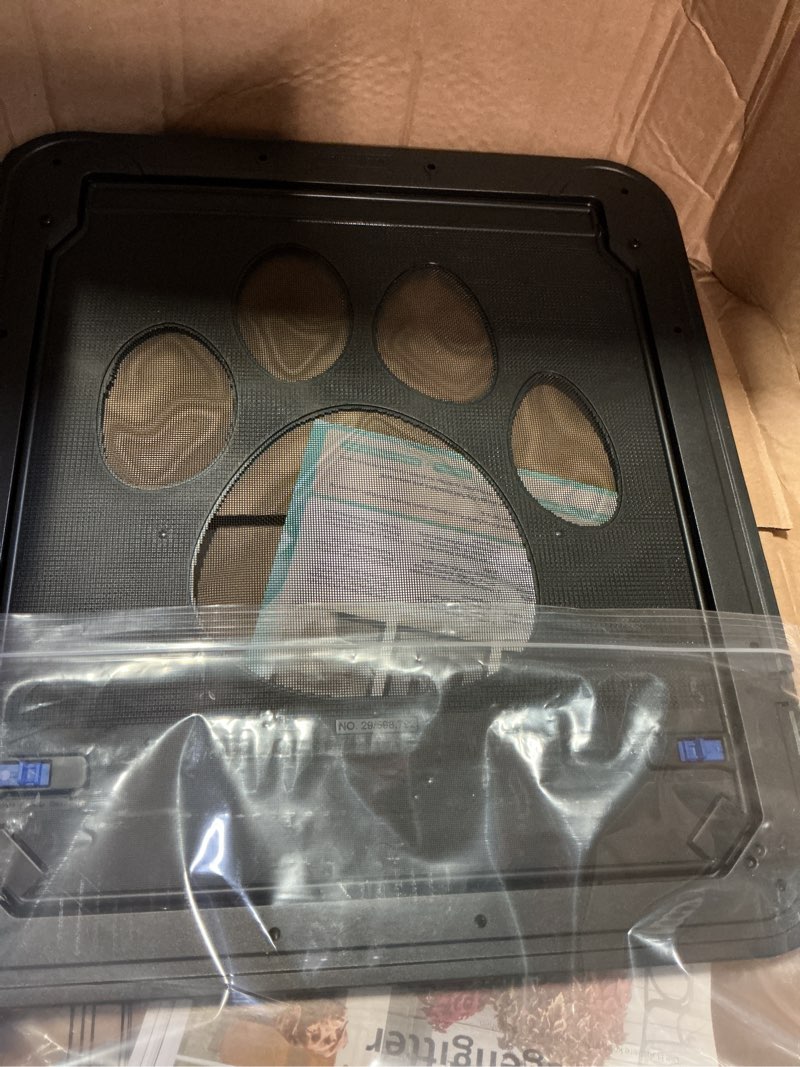 Condition photo showing Good Condition for petleso dog door for screen doors, large dog opening for sliding doors, inner flap 12"×14" lockable magnetic with automatic close, sturdy abs pet doorway for small to large dogs, black l 12”×14” large