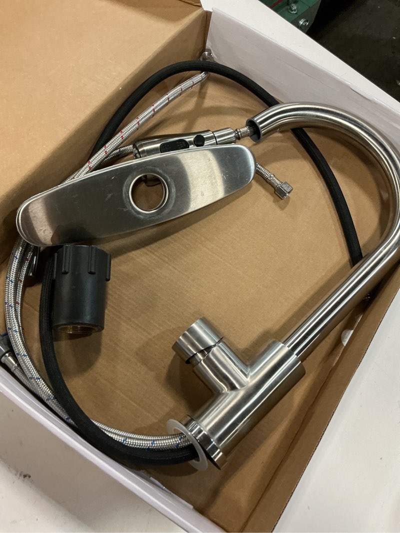 Condition photo showing As Is for owofan kitchen faucet with pull down sprayer brushed nickel stainless steel 1 handle pull out spring sink faucets 1 hole or 3 hole dual function for farmhouse camper laundry utility rv wet bar pull out faucet 1 brushed nickel