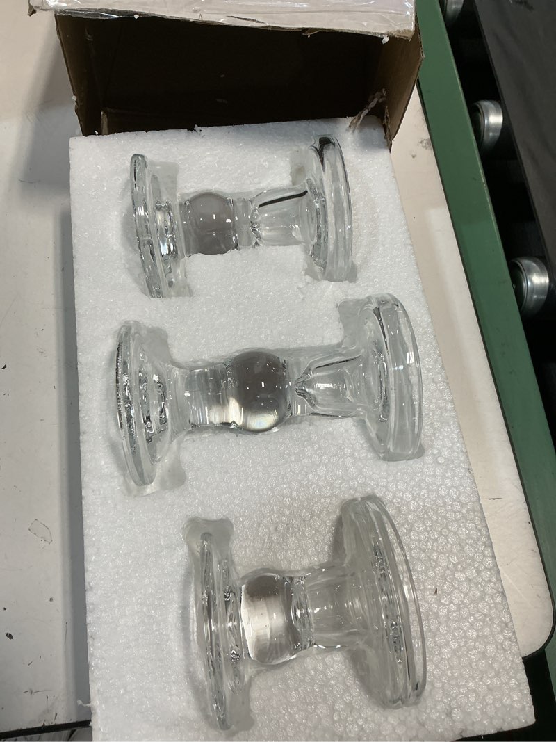 Condition photo showing New/Like New for glass candle holders, 3 pieces crystal clear candlesticks with elegant design for pillar taper candle and tea light