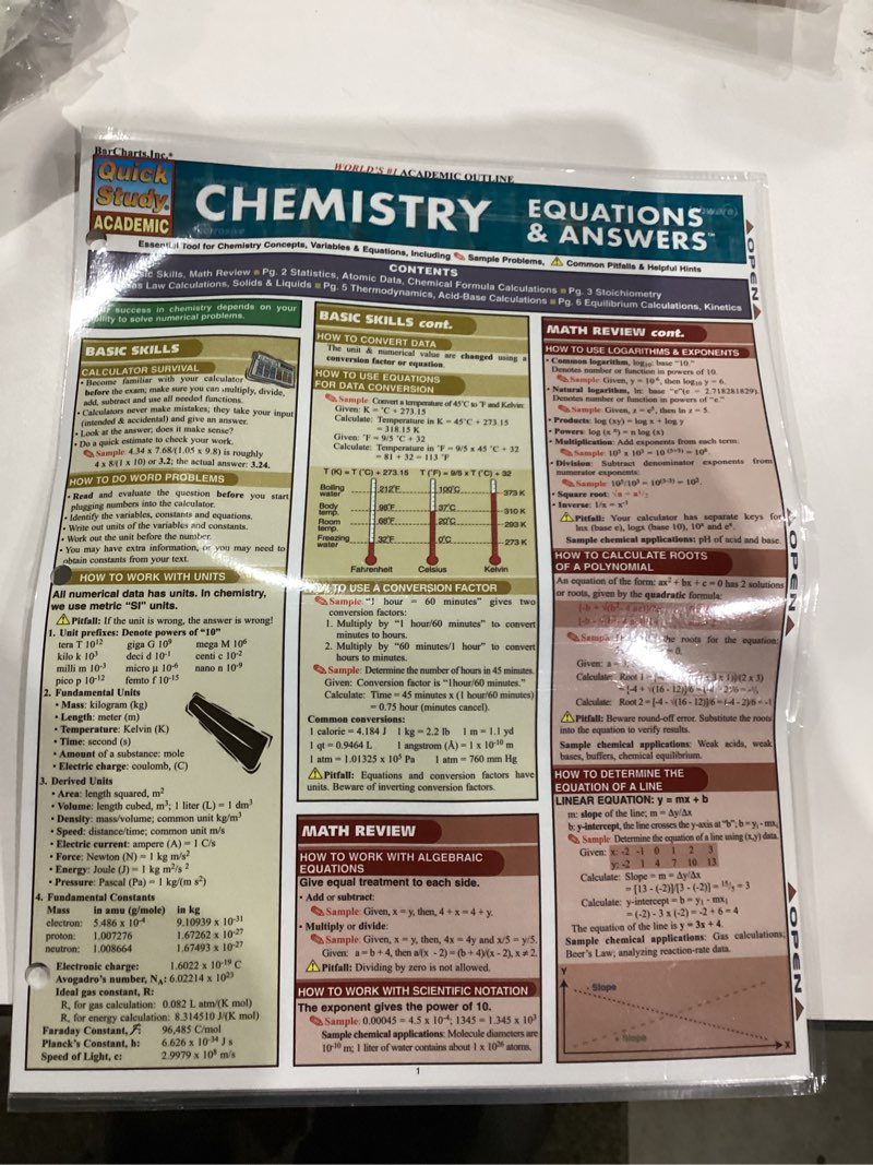 Condition photo showing New/Like New for Chemistry Equations & Answers: a QuickStudy Laminated Reference Guide