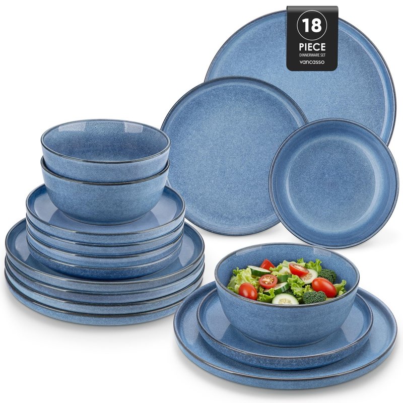 vancasso anya 18 pieces plates and bowls set, blue dinnerware sets, reactive ...