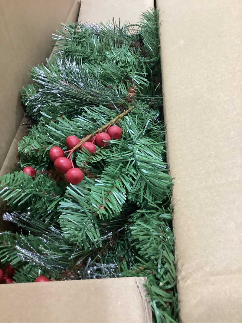 Condition photo showing Good Condition for national tree company 9 ft pre-lit crestwood spruce artificial christmas garland, christmas decoration with glitter, pinecones, red berries, 50 warm white led lights, 180 tips, timer, green battery operated tree