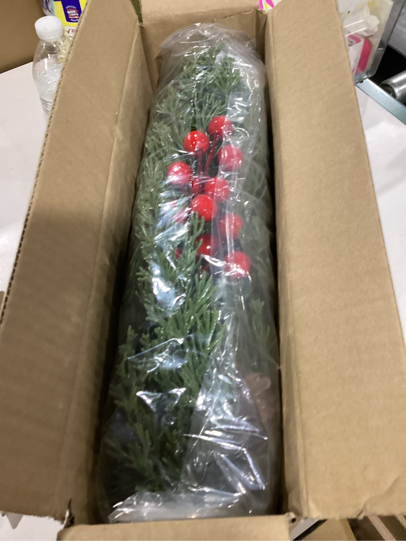 Condition photo showing Good Condition for christmas cedar garland for mantle, realistic greenery garland, thickness artificial pine garlands for christmas mantel table outdoor indoor xmas holiday seasonal decor(6.01ft red berries, pine cones) 6.01 ft