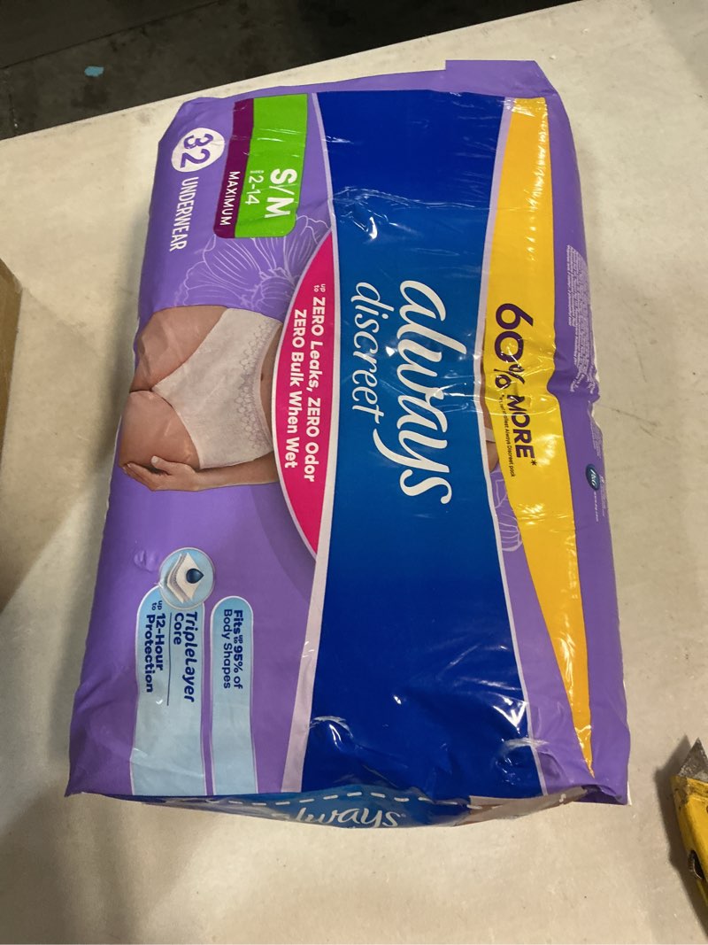 Condition photo showing New/Like New for always discreet adult diapers for women, incontinence underwear, postpartum essentials, disposable briefs, max absorbency, bladder leak protection, small/medium, 32ct small/medium 32