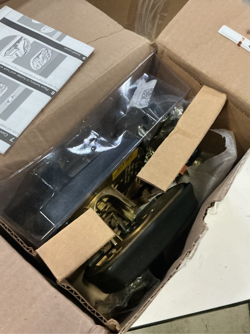 Condition photo showing As Is for schlage camelot electronic keypad deadbolt lock, keyless front door entry, mechanical key backup included, aged bronze, be365 v cam 716 aged bronze camelot
