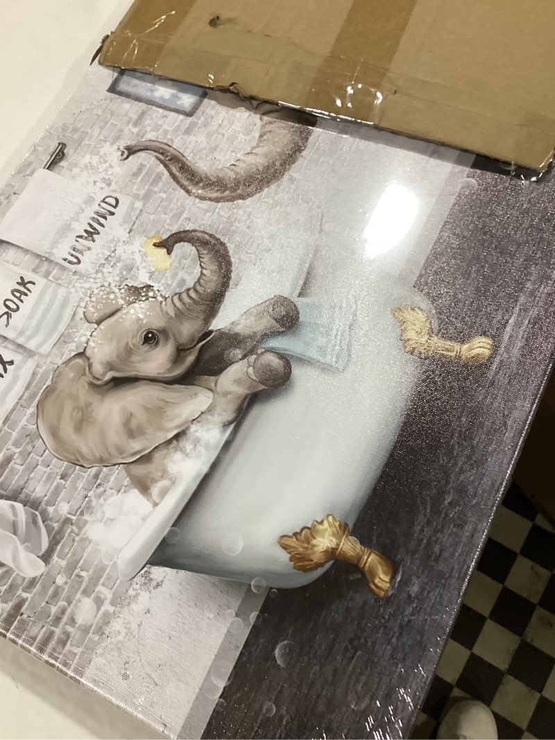 Condition photo showing Good Condition for Artsbay Elephant Bathroom Wall Art Animal In Bathtub Pictures Funny Bathroom Canvas Prints Artwork For Kids Nursery Washroom 16x24inches