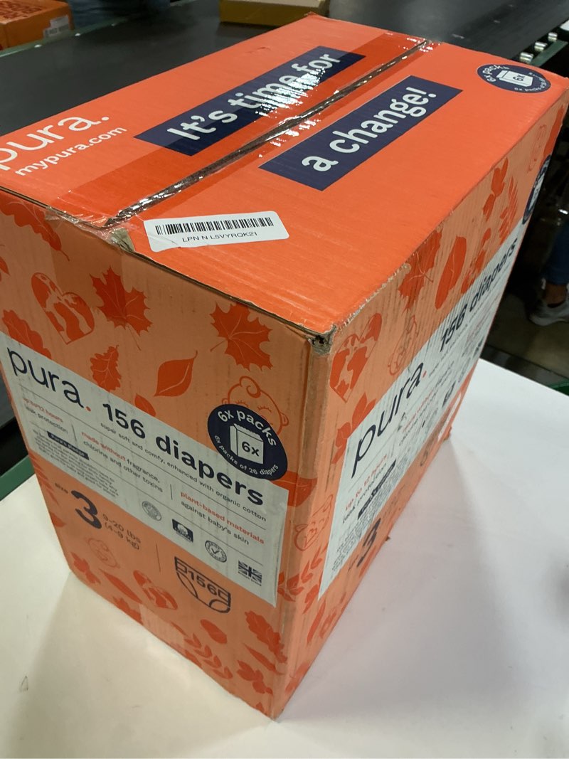 Condition photo showing New/Like New for Pura Hypoallergenic Diapers, Size 3 (9-20 lbs) Monthly Pack, Overnight, up to 12 Hours Leak Protection, Suitable for Sensitive Skin, TCF, Super Soft Organic Cotton, 6 Packs of 26 (156 Baby Diapers) Size 3 156