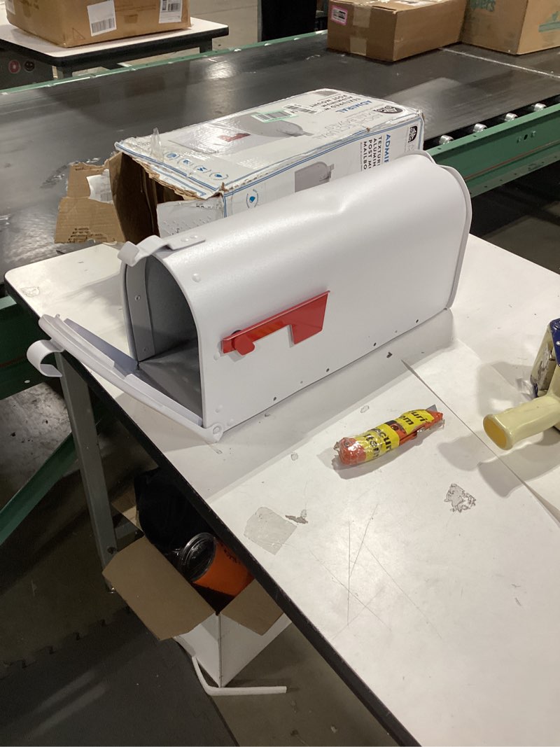 Condition photo showing As Is for Architectural Mailboxes Admiral™ Rust-Proof Aluminum Metal Post Mounted Mail Box for Outside, White, Medium Curbside Mailbox, USPS Approved for Residential Delivery Medium Textured White