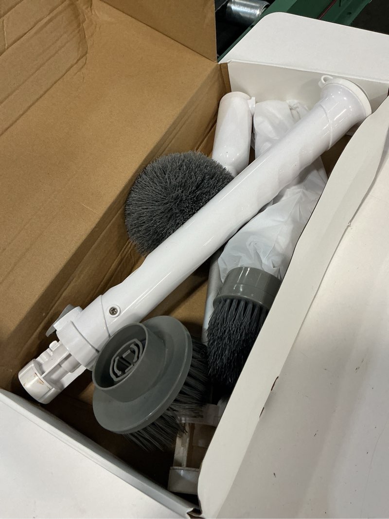 Condition photo showing As Is for dreazu electric spin scrubber, 12-in-1 shower scrubber & retractable long handle, 44 lbs high-torque & variable speed shower cleaning brush for bathroom,toilet, bathtub, kitchen, tile floors, car white&black