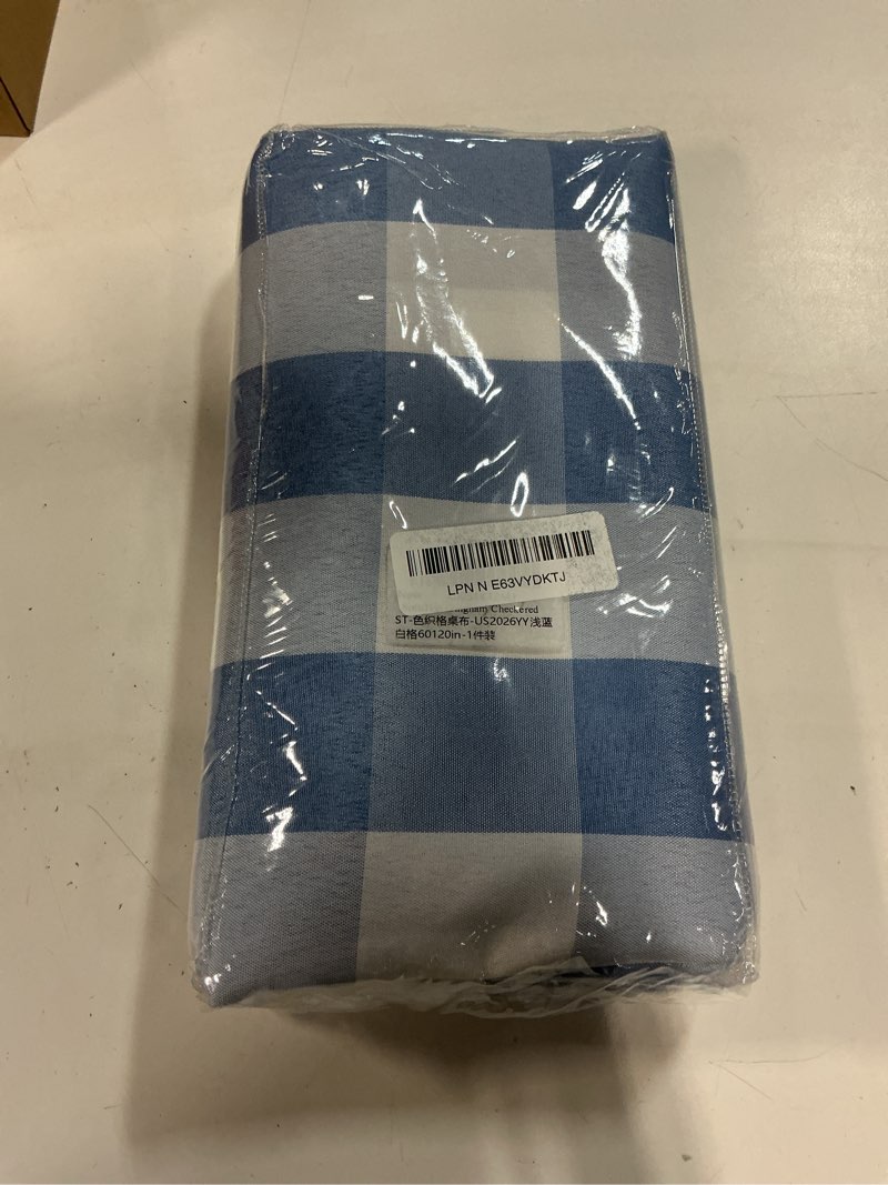 Condition photo showing New/Like New for softalker gingham checkered tablecloth rectangle - outdoor waterproof buffalo plaid table cloth, stain resistant washable table cover for picnic, camping, dining - light blue and white, 60 x 120 inch