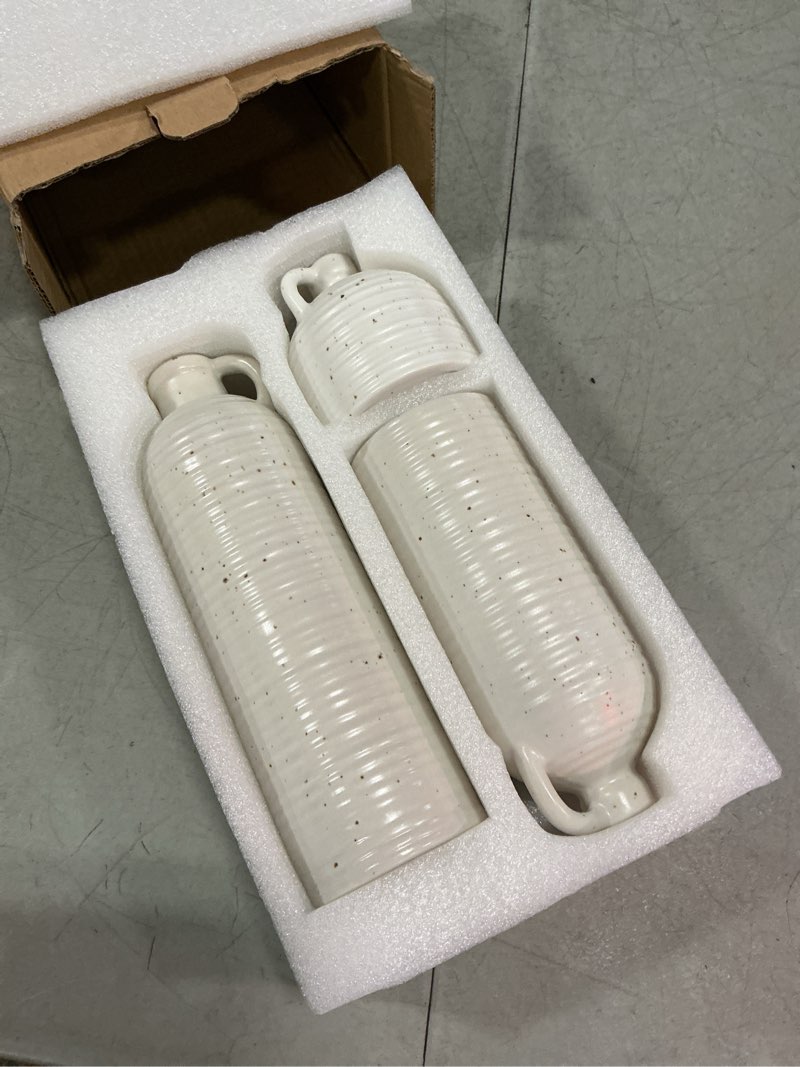 Condition photo showing New/Like New for white ceramic vase set of 3 with handle – ribbed and dotted jug vases for rustic farmhouse table centerpiece, shelf & mantel decor white03