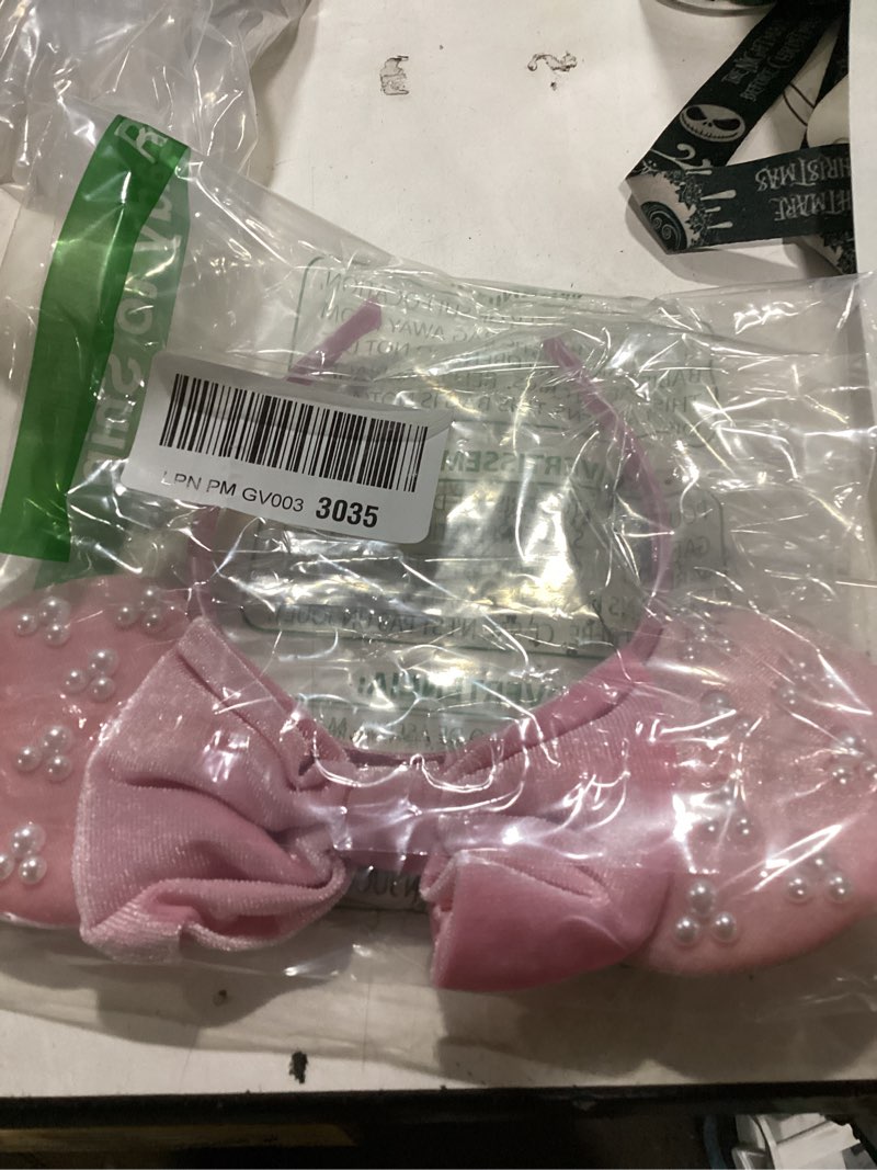 Condition photo showing New/Like New for mouse ears headband with pearl, princess pink velvet mouse ears headbands for halloween costume, princess party headwear hair accessories for women -pink velvet pearl - pink