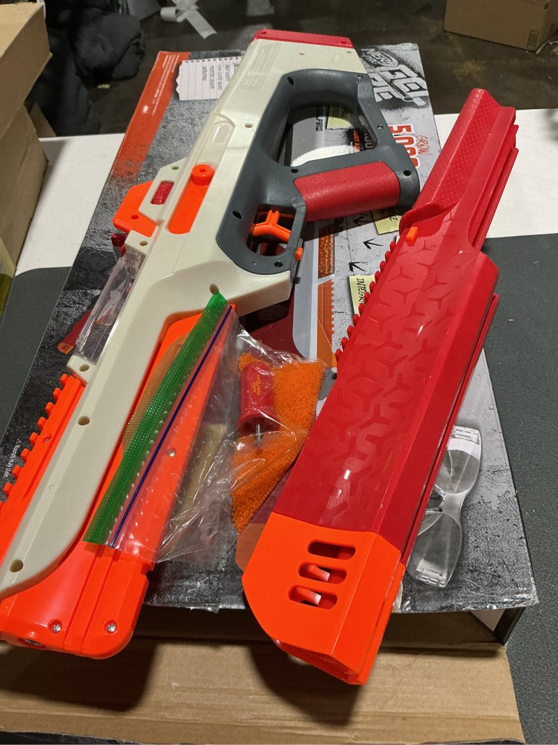 Condition photo showing As Is for nerf pro gelfire ghost bolt action blaster, removable boost barrel, 5000 gel rounds, 100 round integrated hopper, eyewear, ages 14 & up
