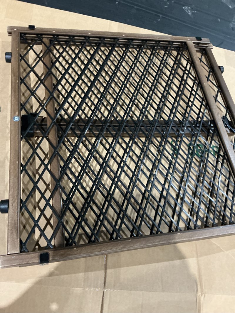 Condition photo showing As Is for evenflo position & lock adjustable wood baby gate, farmhouse collection