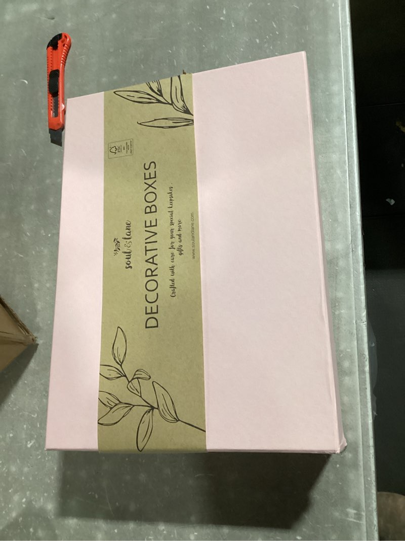 Condition photo showing Good Condition for soul & lane cardboard decorative boxes for storage - set of 3, textured memory boxes with lids for home decor, photo storage, and keepsakes, pink