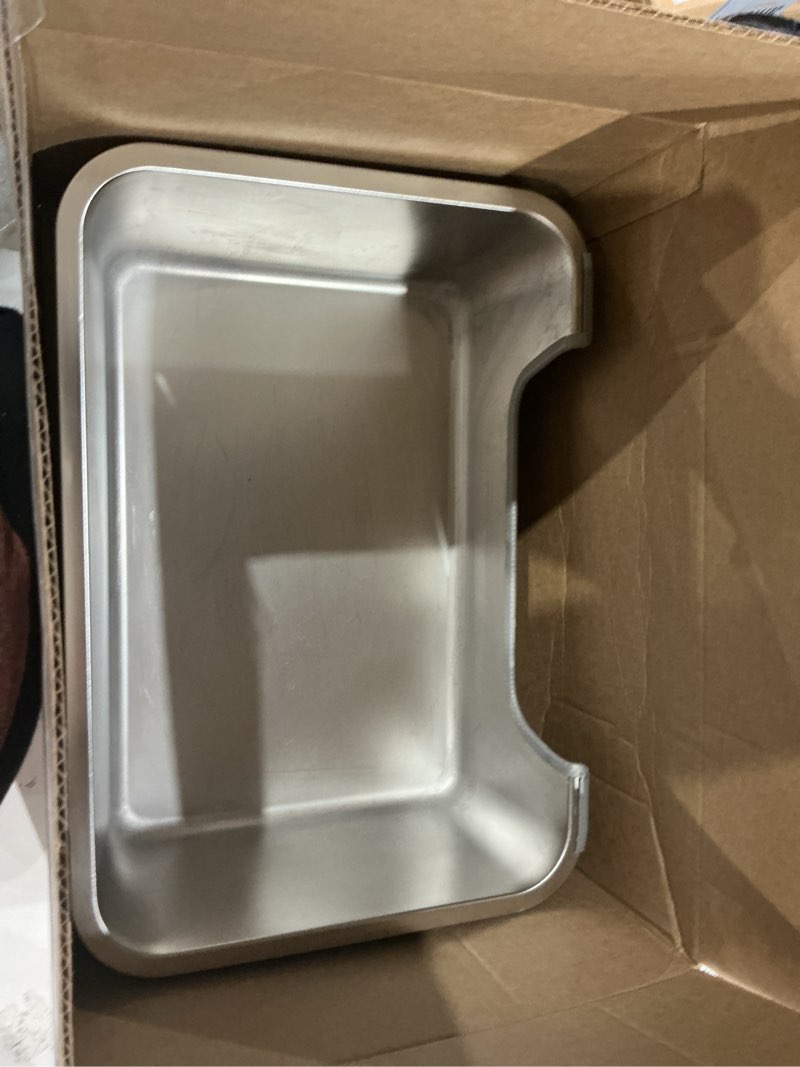 Condition photo showing As Is for low entry litter box for senior or disabled & injured cats, stainless steel high sided enclosed easy step in entry-metal kitty litter box for kittens, odor control (19.7”x13.8”x5.9”) l-19.7"x13.7"x5.9"