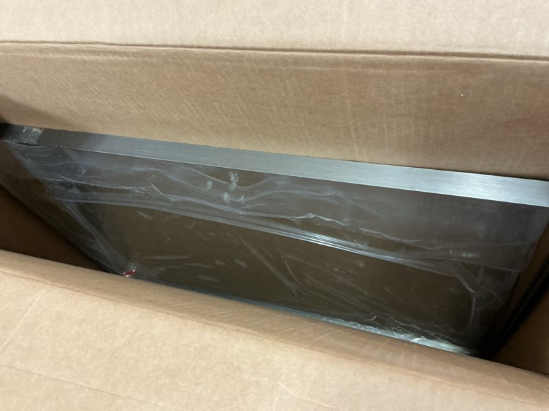 Condition photo showing As Is for LOAAO 24X36 Inch Brushed Nickel Bathroom Mirror, Rounded Rectangle Silver Metal Frame Mirror, Brushed Nickel, Anti-Rust, Hangs Horizontally or Vertically Brushed Nickel 24"L x 36"W