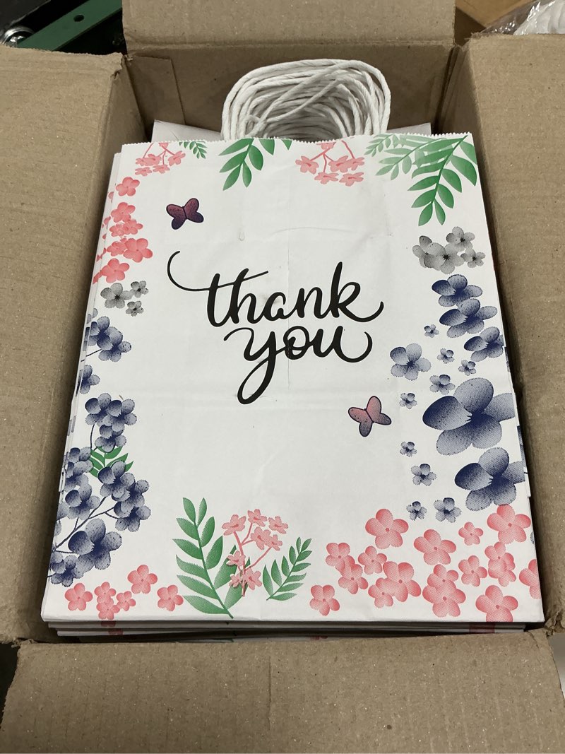 Condition photo showing Good Condition for purple q crafts thank you gift bags 50 pack 8" x 4" x 10" small paper bags with handles floral design thank you bags for business, boutique, gifts, wedding favors… 1 count (pack of 50)