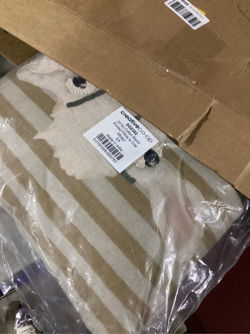 Condition photo showing Good Condition for Creative Co-Op Cotton Blend Printed Pillow with Cow Image and Embroidery, Multi Color, Square, Cream Cream Square