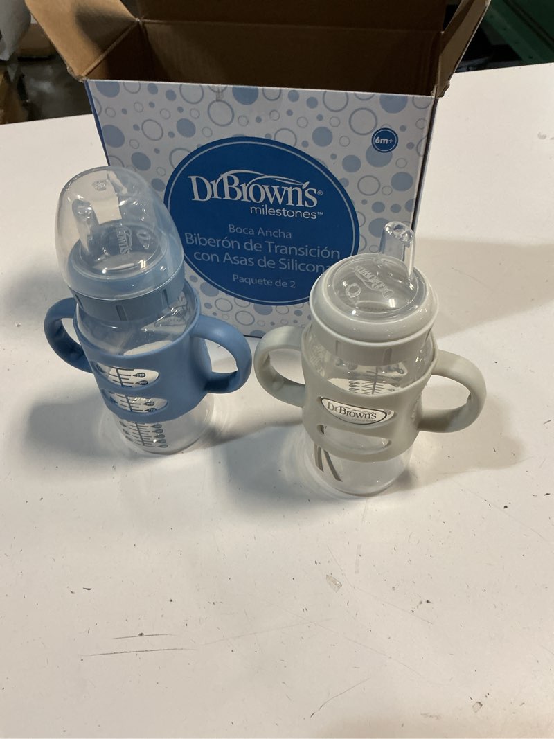 Condition photo showing As Is for drbrowns milestones wide neck sippy bottle with silicone handles 2-pack (missing cap on 1 bottle)