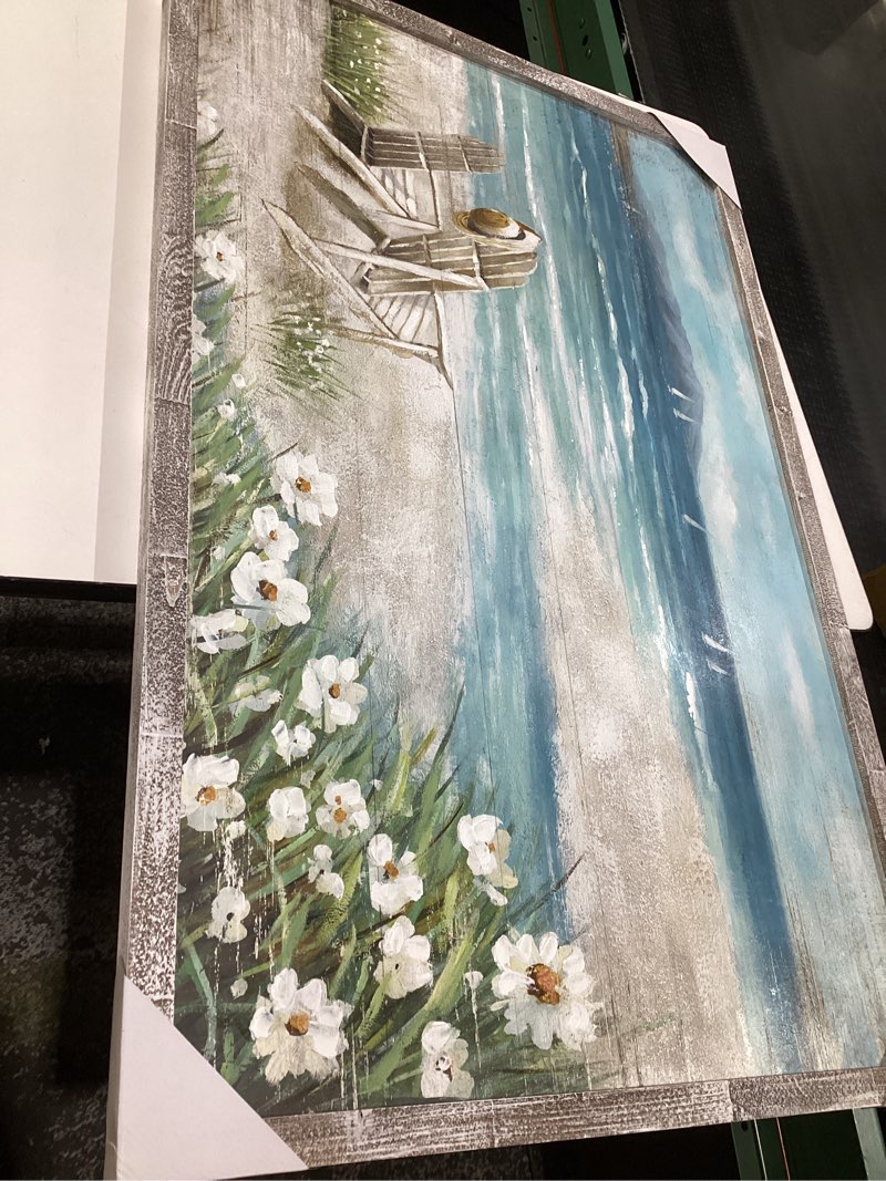 Condition photo showing Good Condition for Abstract Beach Framed Painting Artwork: Seaside Chair Wall Art Seascape Hand Painted Painting for Vacation Villa (45" W x 30" H, Multiple Sizes/Material) 45"L x 30"W Seaside Chair