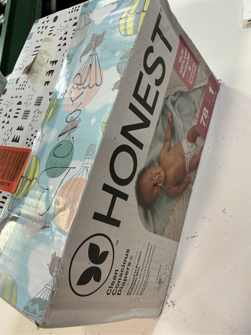 Condition photo showing New/Like New for the honest company comfort dry disposable daytime diapers, hypoallergenic, fragrance-free, sensitive skin, above it all + pattern play, club box size 1 (8–14 lbs), 78 count size 1 (78 count) above it all + pattern play