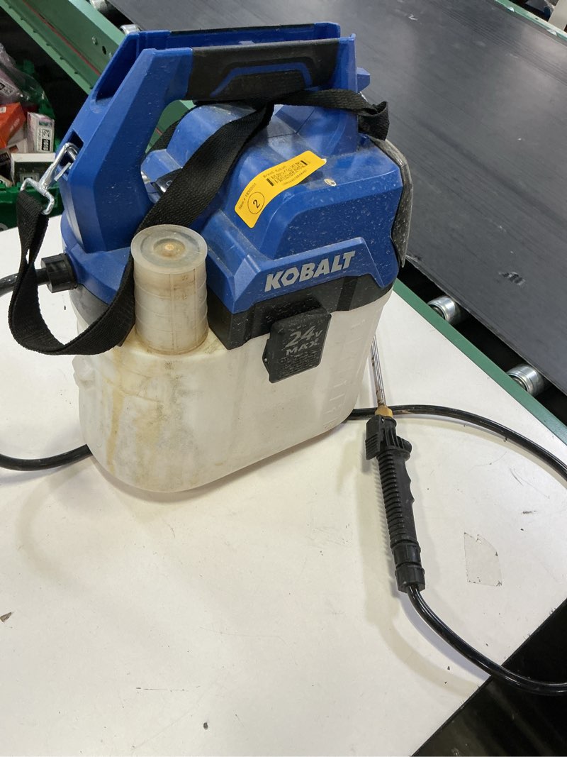 Condition photo showing As Is for kobalt 2.11-gallon 24-volt battery operated plastic handheld sprayer
