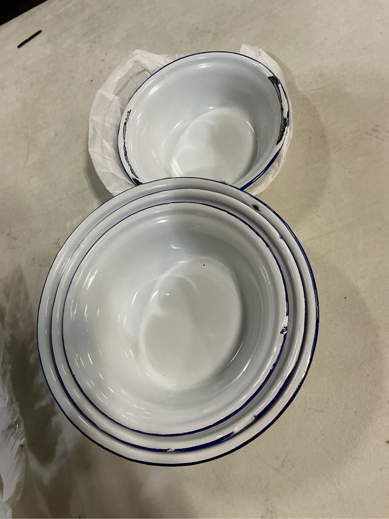 Condition photo showing As Is for kichvoe enamel bowl set 4pcs mixing enamelware vintage metal nesting bowls old-fashioned basin l for kitchen white round serving tray ?16cm+18cm+20cm+22cm ?