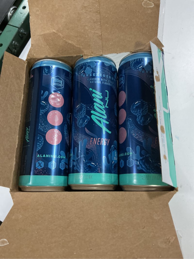 Condition photo showing Good Condition for (best by 10/2027) alani nu breezeberry sugar free, low calorie energy drinks | 200mg caffeine | biotin b vitamins | zero sugar | 10 calories | 12 fl oz cans |12 pack