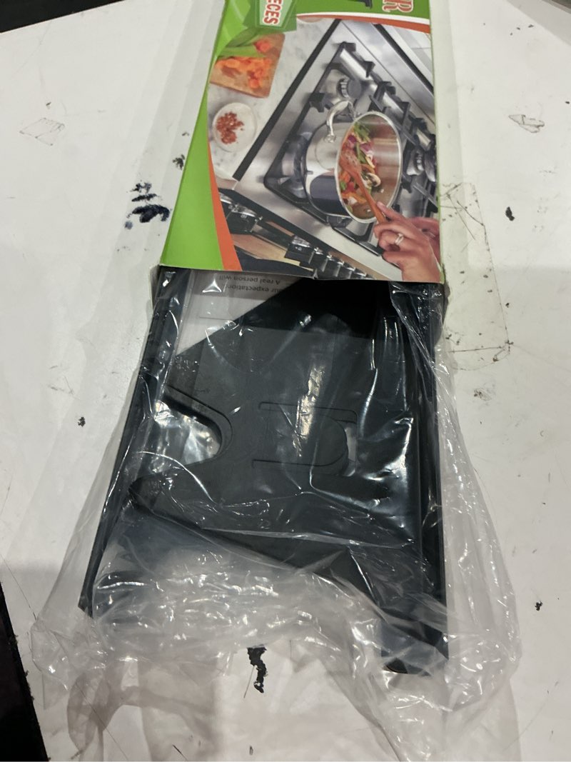 Condition photo showing Good Condition for stove gap covers stainless steel, 2 pack stove gap filler easy retractable length 13.8" to 27.5", width 0.79" stove gap guards range trim kit, heat resistant guard between stove top & counter black