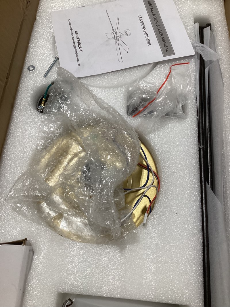 Condition photo showing New/Like New for Ceiling Fans with LED Lights, 52 Inch 5-Blade Ceiling Fan Remote Control, Industrial Ceiling Fan with Reversible DC Motor, Downrod Mount LED Ceiling Light Chandelier for Bedroom (Gold & Black)