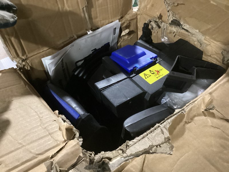Condition photo showing As Is for pressure washer, power washer with 4 nozzles and foam cannon, high pressure cleaning machine for cars, driveways, fences, patios, home cleaning navy blue