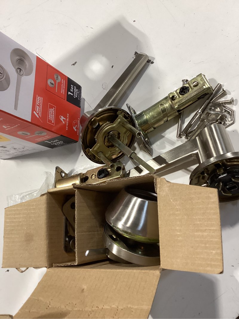 Condition photo showing As Is for reliabilt dallas satin nickel single-cylinder deadbolt exterior keyed entry door handle with combo pack