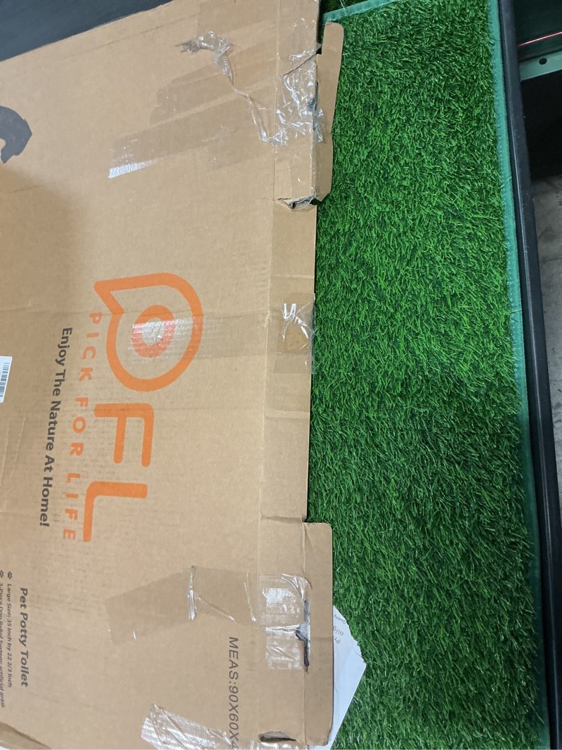 Condition photo showing New/Like New for dog grass pad with tray - 35''x23'' portable dog litter box with 2 pack hemmed edge artificial grass patch + 2 washable reusable pee pads, indoor outdoor fake grass pad for dogs potty 35?x23?