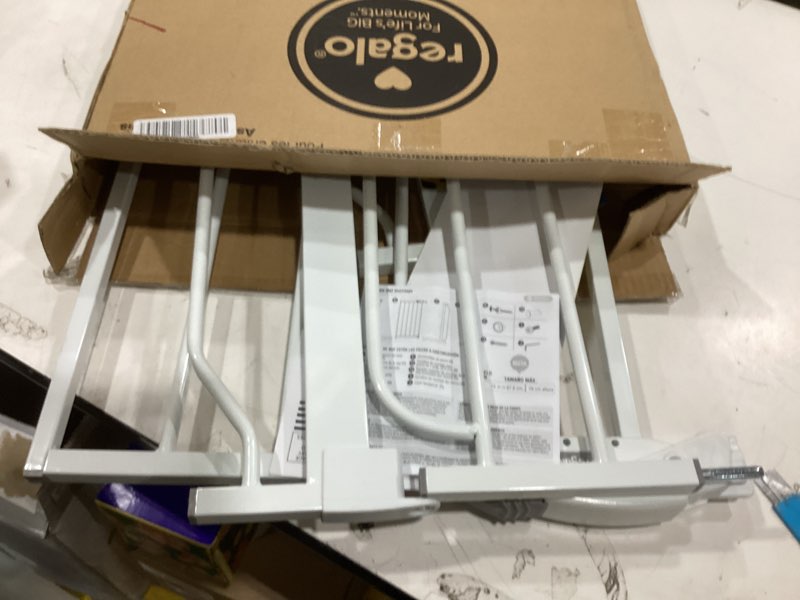 Condition photo showing Good Condition for regalo safety 38" baby gate for doorways & bottom of stairs, pressure mount design for babies, toddlers & pets, tested & safe for 30 years, american designed, american owned, white white 29-38.5"w x 30"h