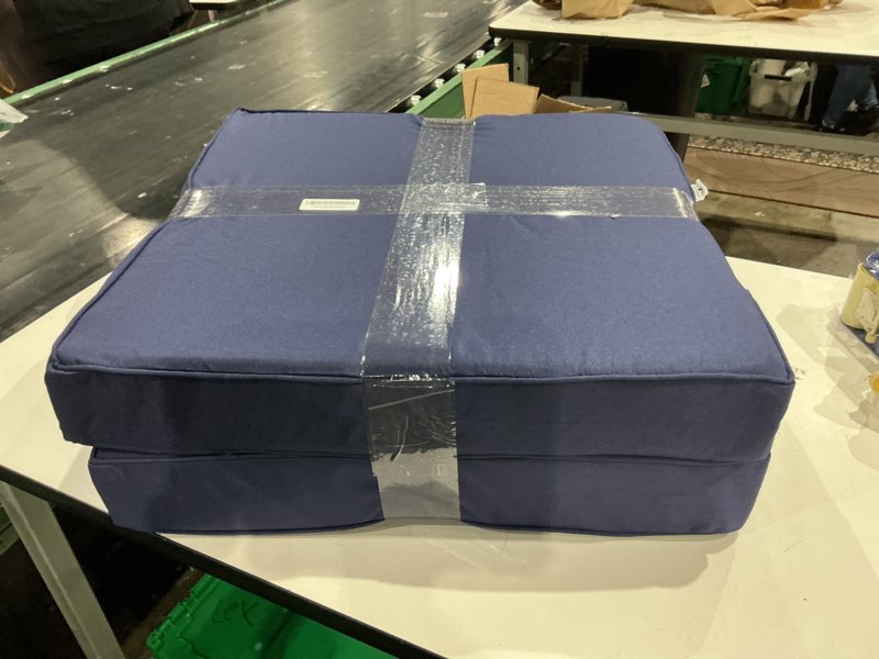 Condition photo showing As Is for similar to ipynbap outdoor cushions, outdoor chair cushions, cushions for outdoor furniture with removable cover, waterproof & fade resistant outdoor seat cushions for patio, lawn, navy blue navy blue seat