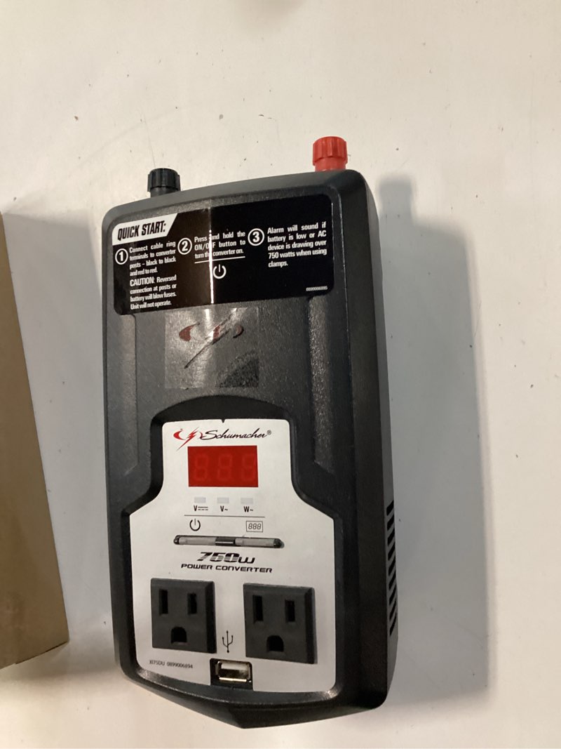 Condition photo showing As Is for schumacher electric 750-watt power inverter with gfci safety circuit, converts vehicle power to 120vac household power