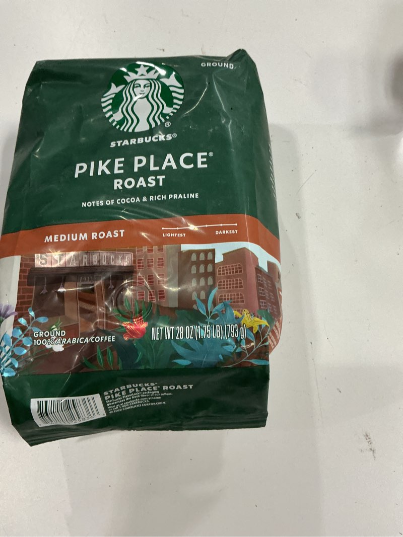 Condition photo showing New/Like New for Best by 05/04/25 Starbucks Ground Coffee, Medium Roast Coffee, Pike Place Roast, 100% Arabica, 1 Bag (28 Oz)
